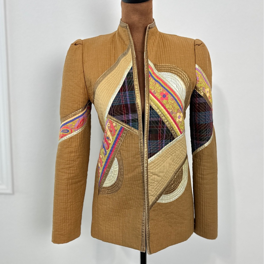 Vintage Lillie Rubin Quilted Patchwork Jacket Gold Leather Appliqué Wearable Art